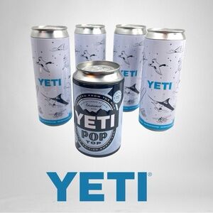 4 YETI Slim Colster Fishing/Hunting Graphics Cans & 1 Pop Top Ltd. Ed. Stash Can